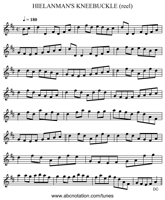 HIELANMAN'S KNEEBUCKLE (reel) - staff notation