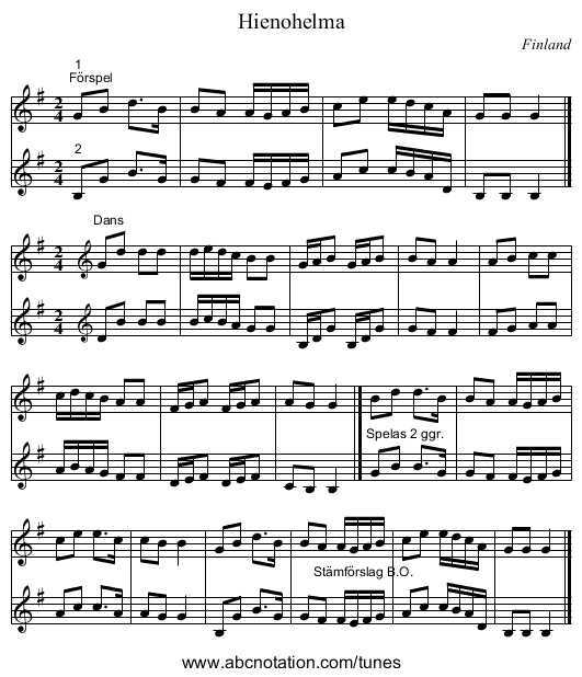 Hienohelma - staff notation