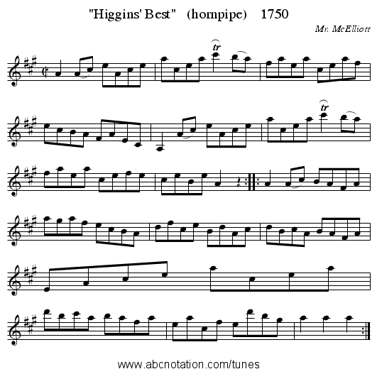 Higgins' Best (hornpipe) 1750 - staff notation