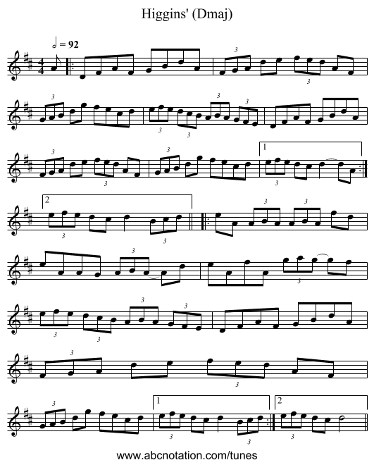 Higgins' (Dmaj) - staff notation