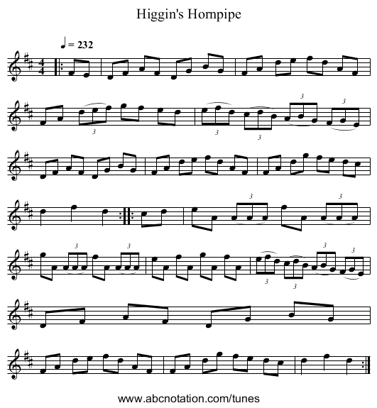 Higgin's Hornpipe - staff notation