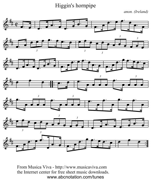 Higgin's hornpipe - staff notation