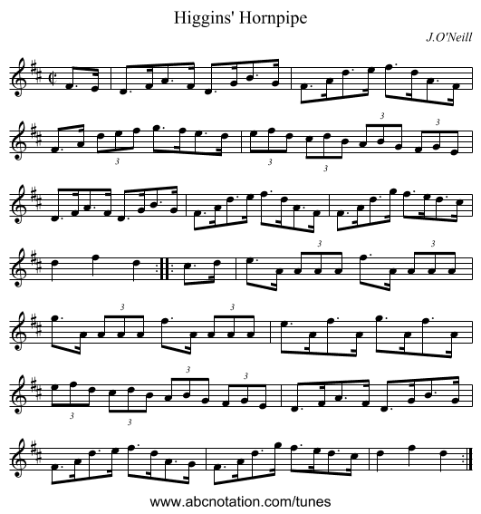 Higgins' Hornpipe - staff notation