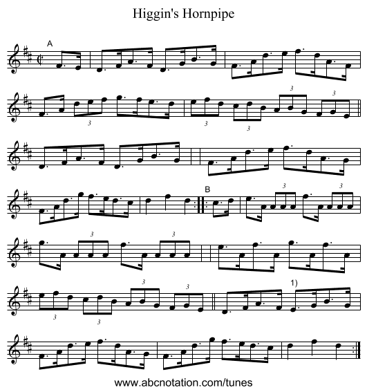 Higgin's Hornpipe - staff notation
