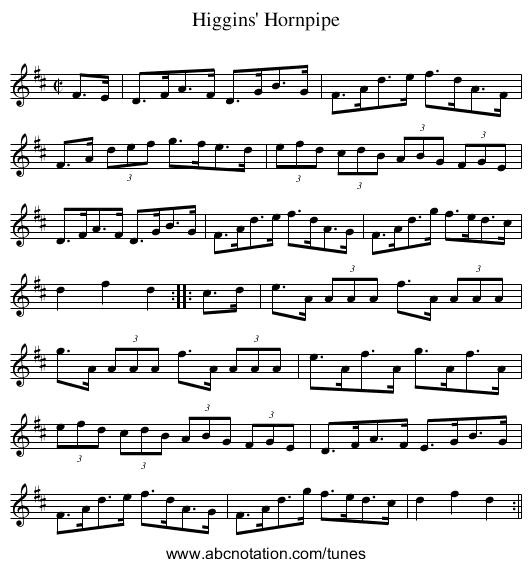 Higgins' Hornpipe - staff notation
