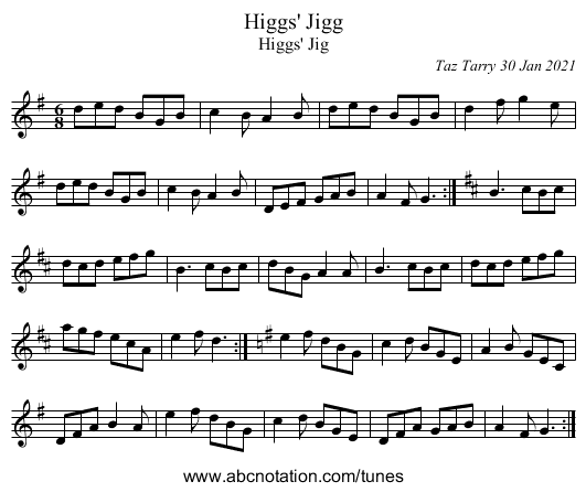 Higgs' Jigg - staff notation
