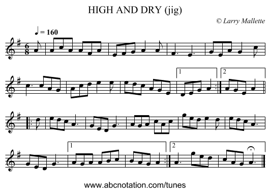 HIGH AND DRY (jig) - staff notation