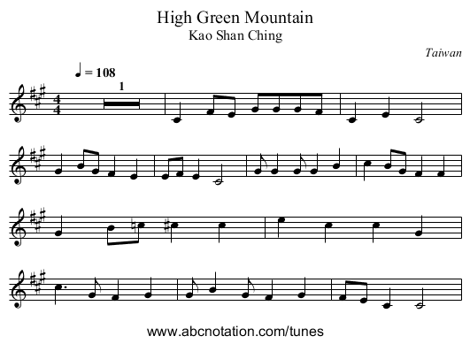 High Green Mountain - staff notation