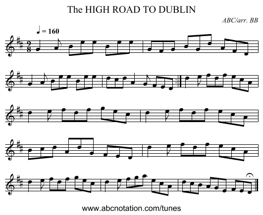 HIGH ROAD TO DUBLIN, The - staff notation