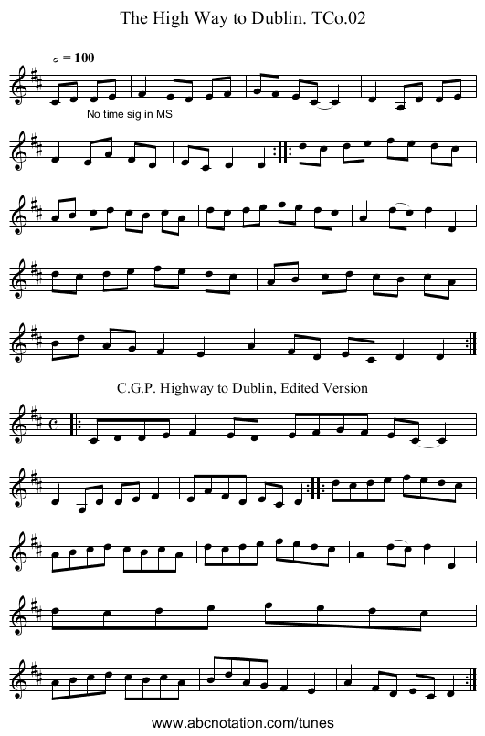 High Way to Dublin. TCo.02, The - staff notation