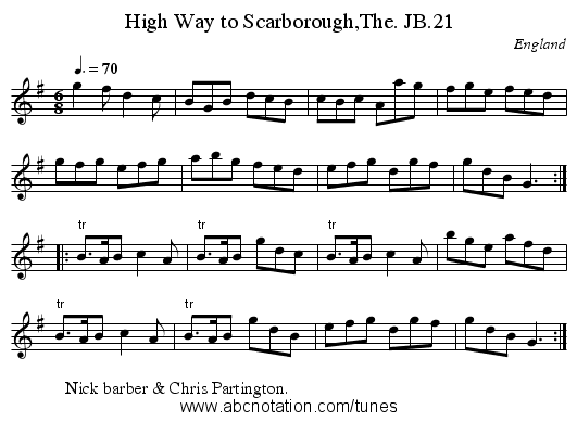 High Way to Scarborough,The. JB.21 - staff notation