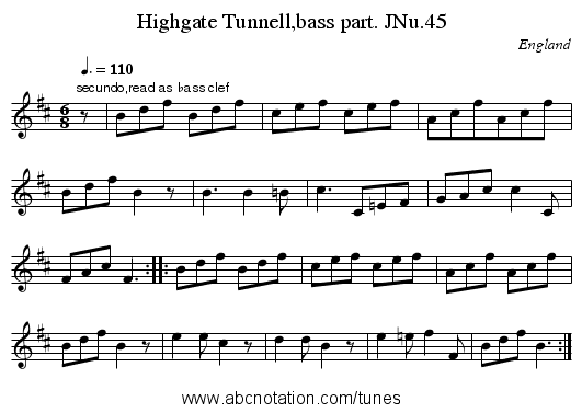 Highgate Tunnell,bass part. JNu.45 - staff notation