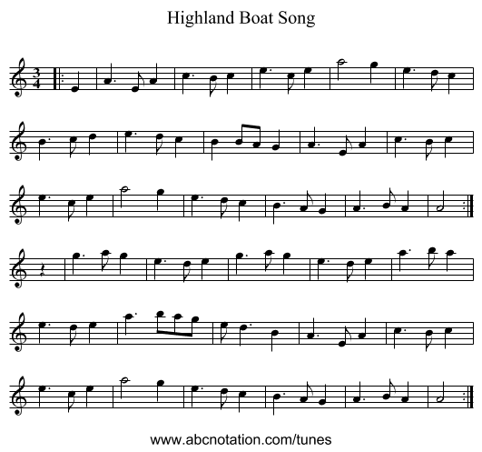 Highland Boat Song - staff notation