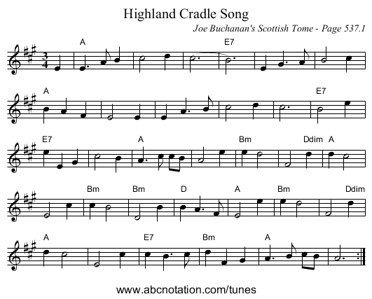 Highland Cradle Song - staff notation