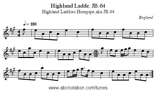 Highland Ladde. JB.64 - staff notation