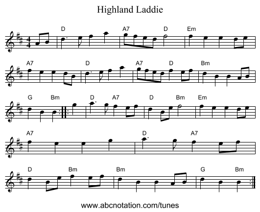 Highland Laddie - staff notation