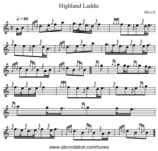 Highland Laddie - staff notation