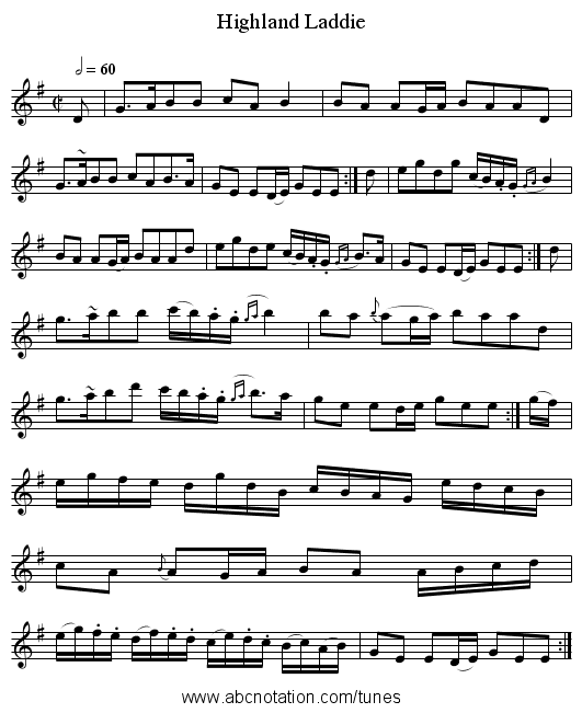 Highland Laddie - staff notation