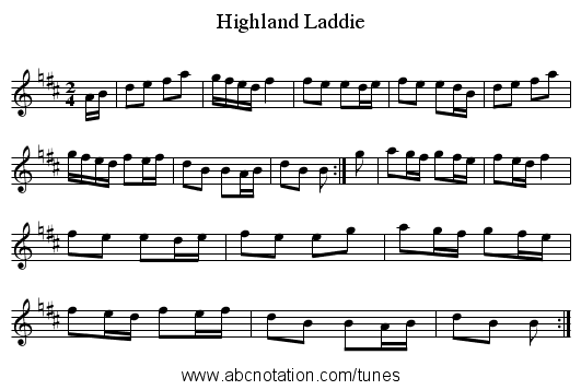 Highland Laddie - staff notation