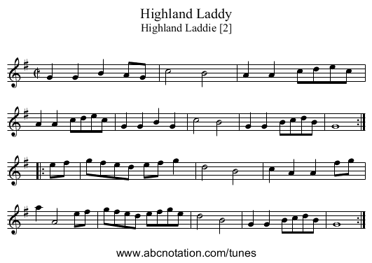 Highland Laddy - staff notation