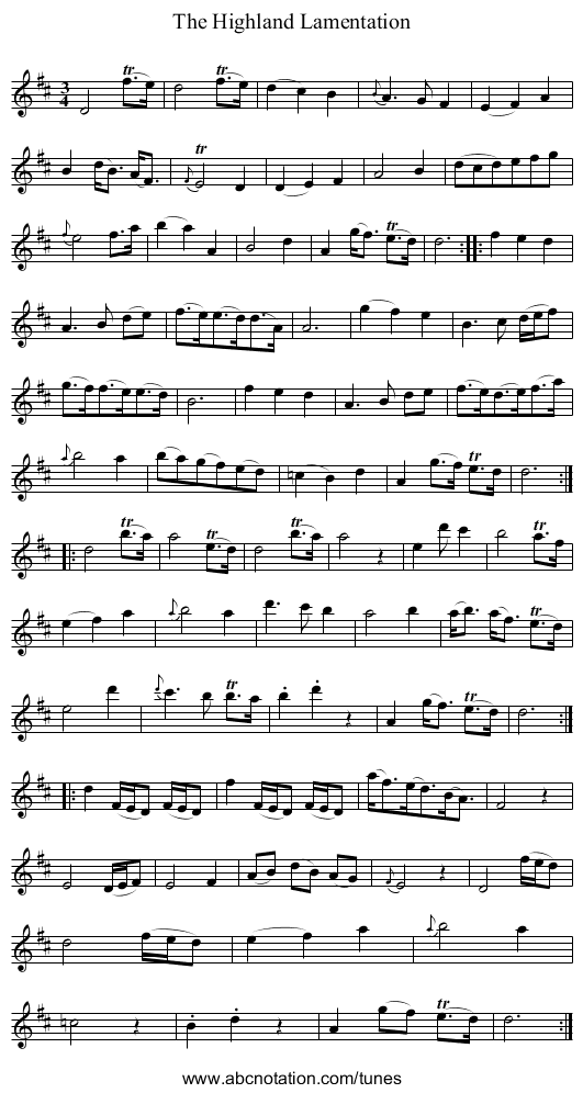 Highland Lamentation, The - staff notation