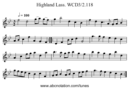 Highland Lass. WCD3/2.118 - staff notation