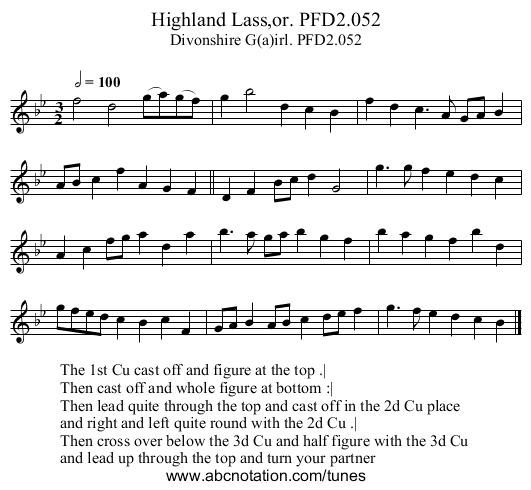 Highland Lass,or. PFD2.052 - staff notation
