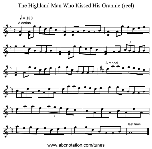 Highland Man Who Kissed His Grannie (reel), The - staff notation