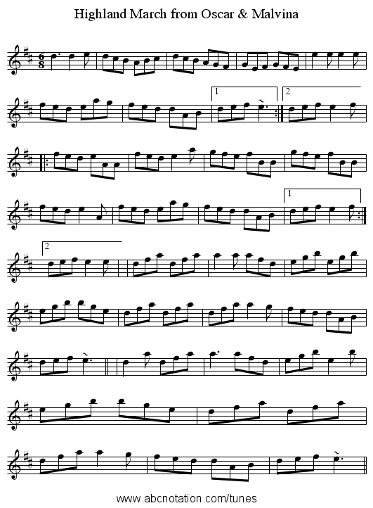 Highland March from Oscar & Malvina - staff notation