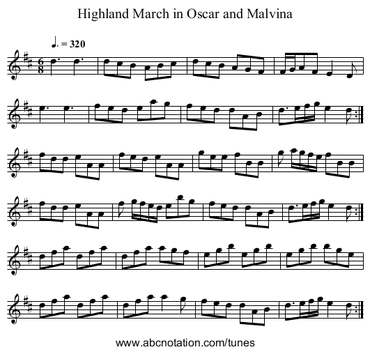 Highland March in Oscar and Malvina - staff notation