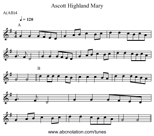 Highland Mary, Ascott - staff notation