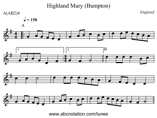 Highland Mary (Bampton) - staff notation