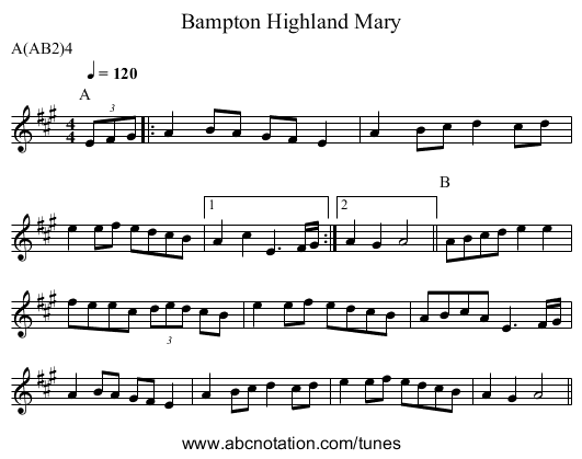 Highland Mary, Bampton - staff notation