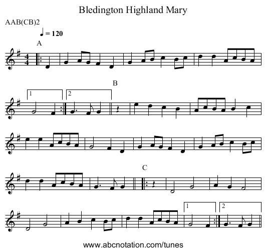 Highland Mary, Bledington - staff notation