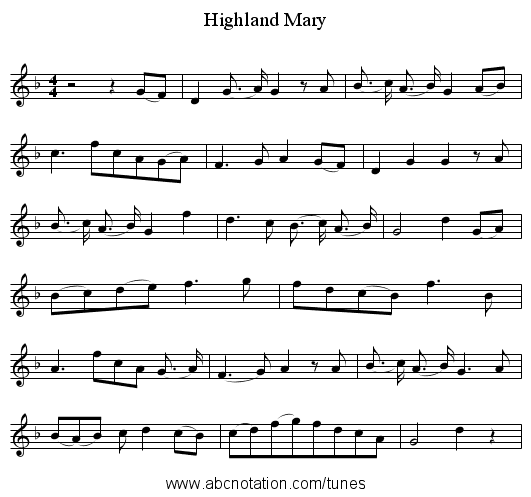Highland Mary - staff notation
