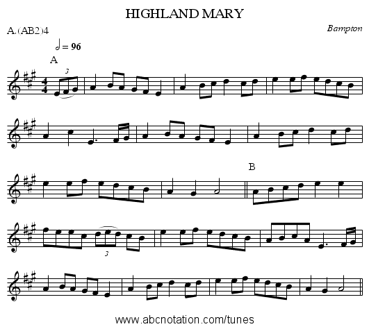 HIGHLAND MARY - staff notation