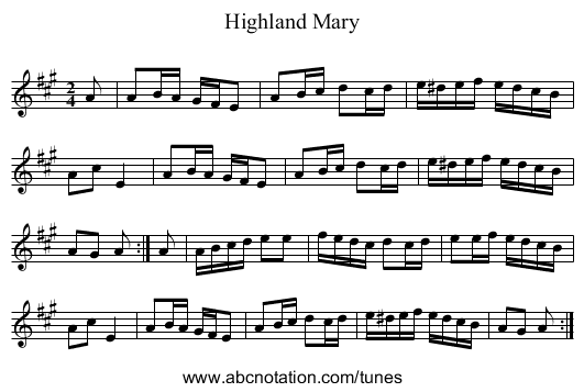 Highland Mary - staff notation