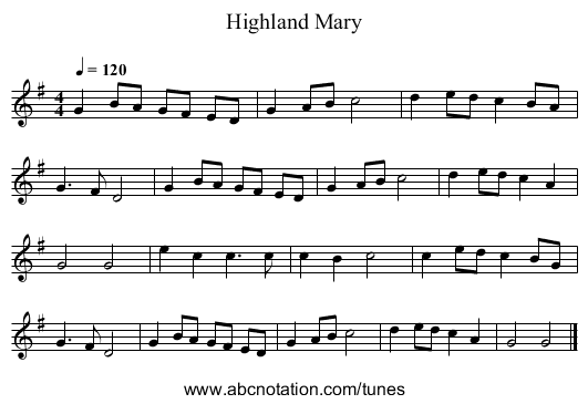 Highland Mary - staff notation