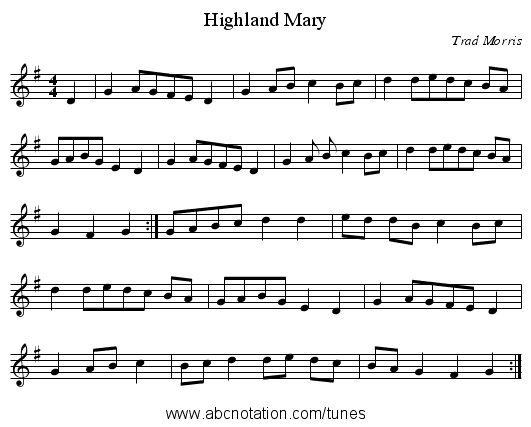 Highland Mary - staff notation