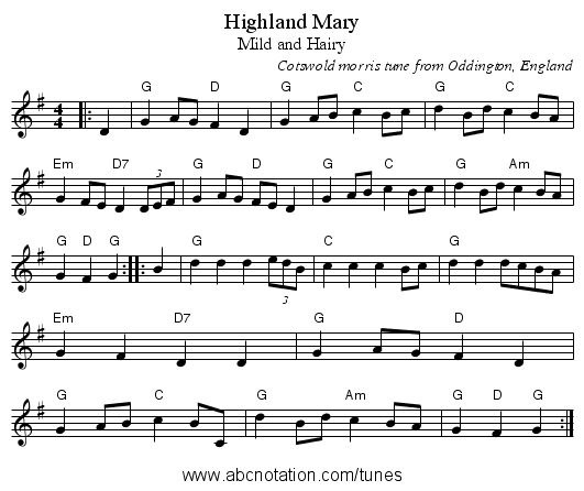 Highland Mary - staff notation