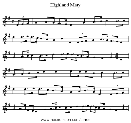 Highland Mary - staff notation