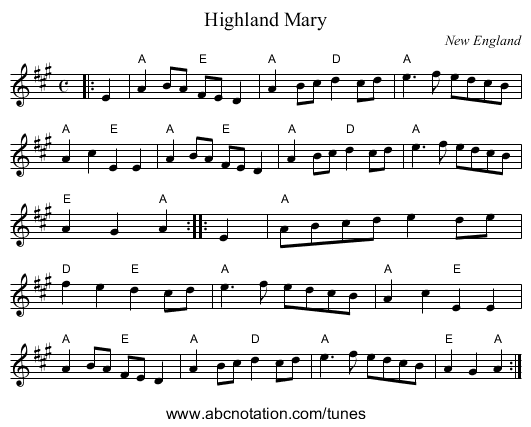 Highland Mary - staff notation