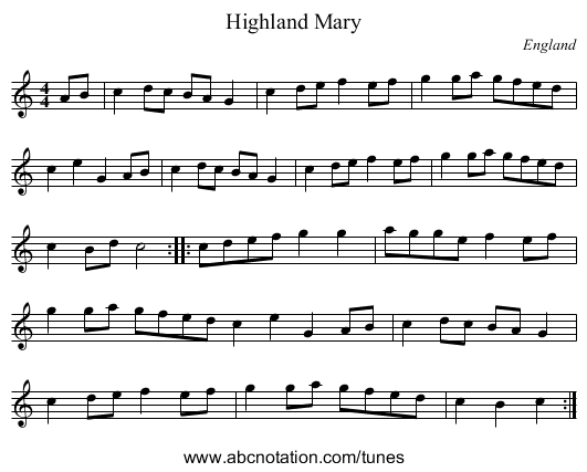 Highland Mary - staff notation
