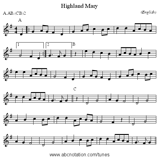 Highland Mary - staff notation
