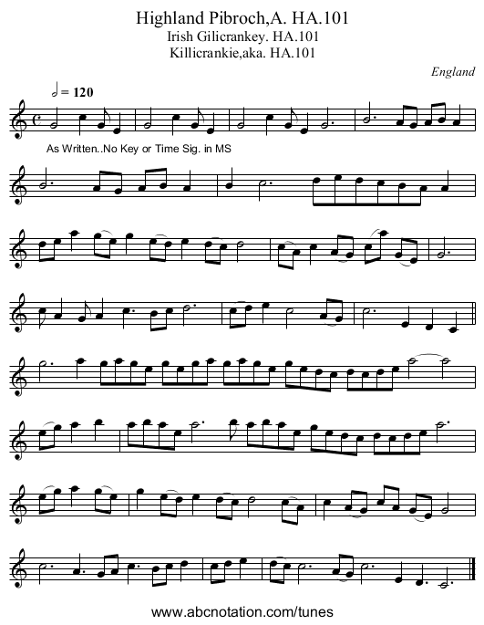 Highland Pibroch,A. HA.101 - staff notation