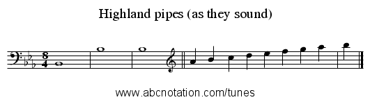 Highland pipes (as they sound) - staff notation