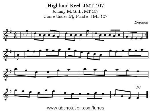 Highland Reel. JMT.107 - staff notation