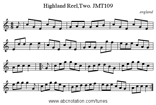 Highland Reel,Two. JMT109 - staff notation