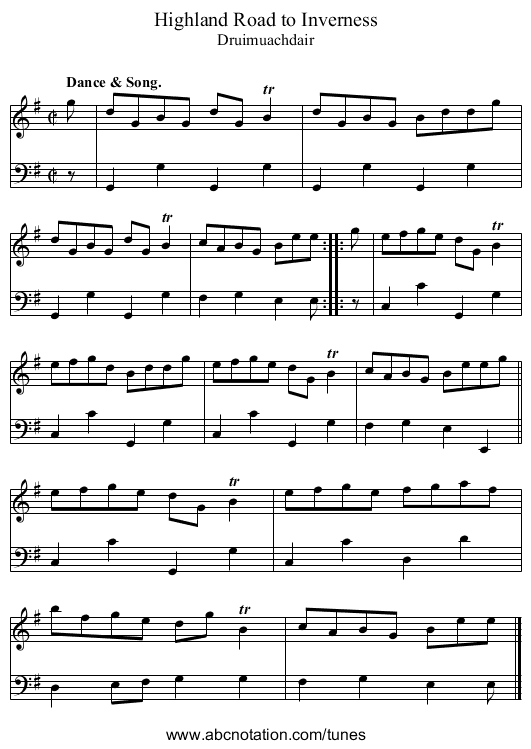 Highland Road to Inverness - staff notation