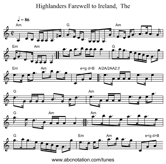 Highlanders Farewell to Ireland,  The - staff notation